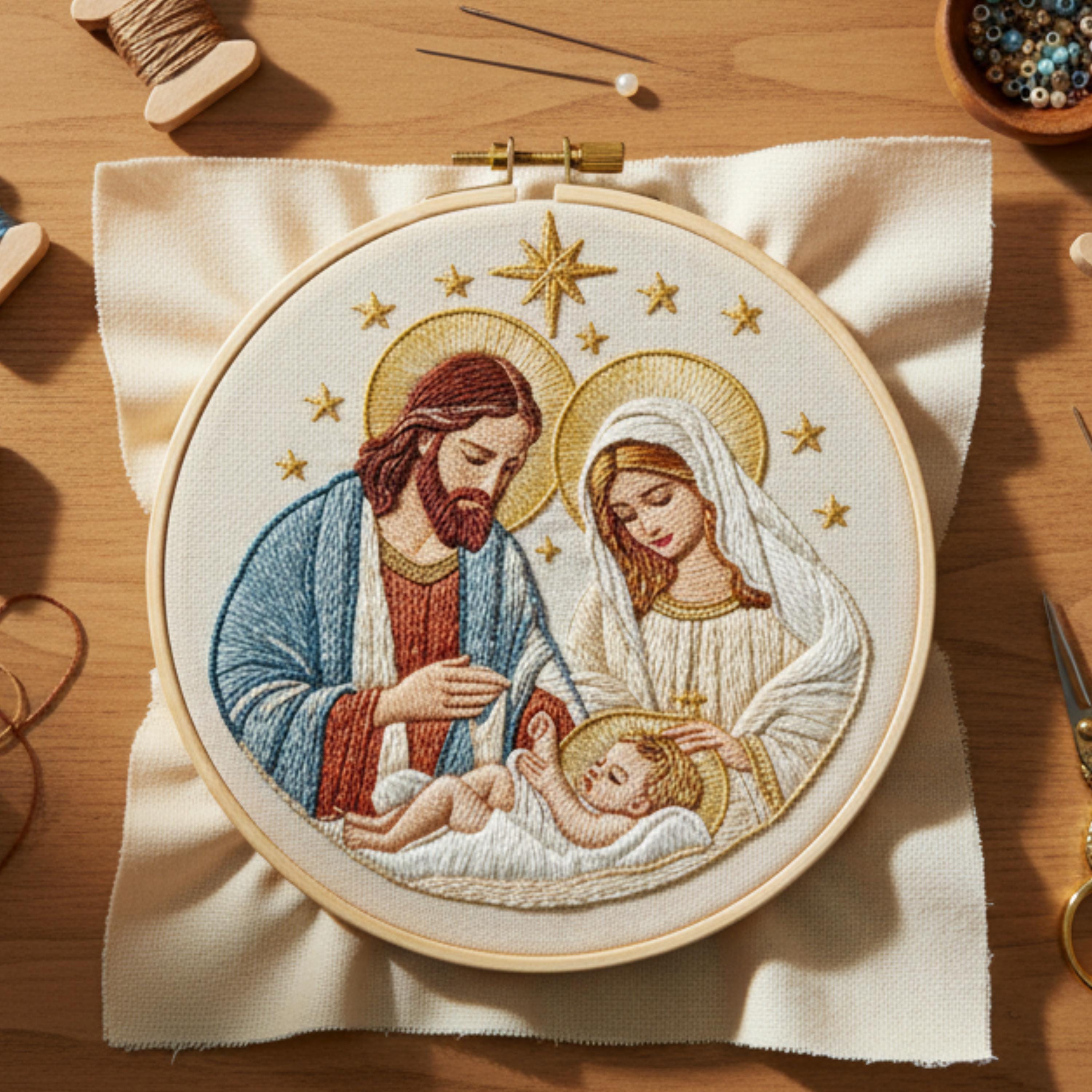 Holy Family Embroidery Kit, Beginner Nativity Religious Craft Hoop, Hand Stitched Art