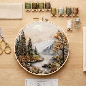 Mountain Landscape Embroidery Kit 20cm, Nature Embroidery Kit for Beginners, River Forest DIY Needlepoint Kit, Scenic Hoop Art Gift