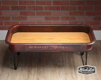 Radio Flyer Coffee Table, Repurposed Wagon, Mid Century Hairpin Legs, Golden Oak Top, Rusty Metal, Shabby Chic, Rustic Country, Red Cart