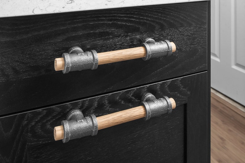 Oak Iron Pipe Drawer Pull Rustic Industrial Kitchen Etsy