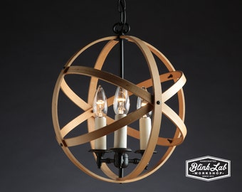 Modern Hoop Lamp, Wood Light, Hanging Pendant, Upcycled, Repurposed, Round, Wooden Sphere, Classic Lighting, Chandelier, Home Decor