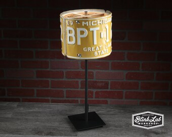 Michigan License Plate Table Lamp, Round, Man Cave, Garage, Repurposed, Upcycle, Automotive Lamp, Hand Crafted Light, Yellow &amp; White