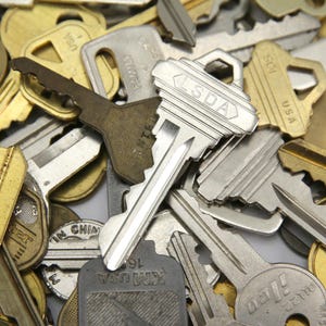 A mix of silver and yellow brass keys. They are in used condition and consist of cut and uncut keys. Types of keys can include, house, file cabinet, padlock, door, car, equipment, and more.  They are great for crafting, and mixed media art projects.