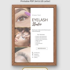 May include: A printable eyelash client form template in a wooden frame. The document features three images of eyelash procedures and text including Eyelash Studio, services list, and contact placeholders. The header reads Eyelash Client Forms.