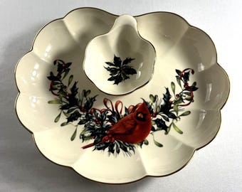 Lenox Winter Greetings 2pc Crudite Serving Bowl Gold Ruffled Edge 1996