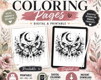 Color My Soul: Butterfly Moon Coloring Page | Adult Flower Coloring Sheet | Printable & Digital Download | Mindful Coloring Art