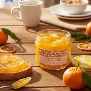 Puede incluir: Un tarro de mermelada de mandarina con una etiqueta, una rebanada de pan con mermelada y una cuchara con mermelada sobre una mesa de madera. La imagen también incluye una taza de café, un cuenco de granola y un reloj con "50 Hours Burning Time."