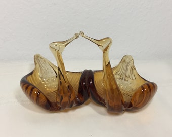 Vintage Amber Glass Swan Trinket Dish Kissing Birds