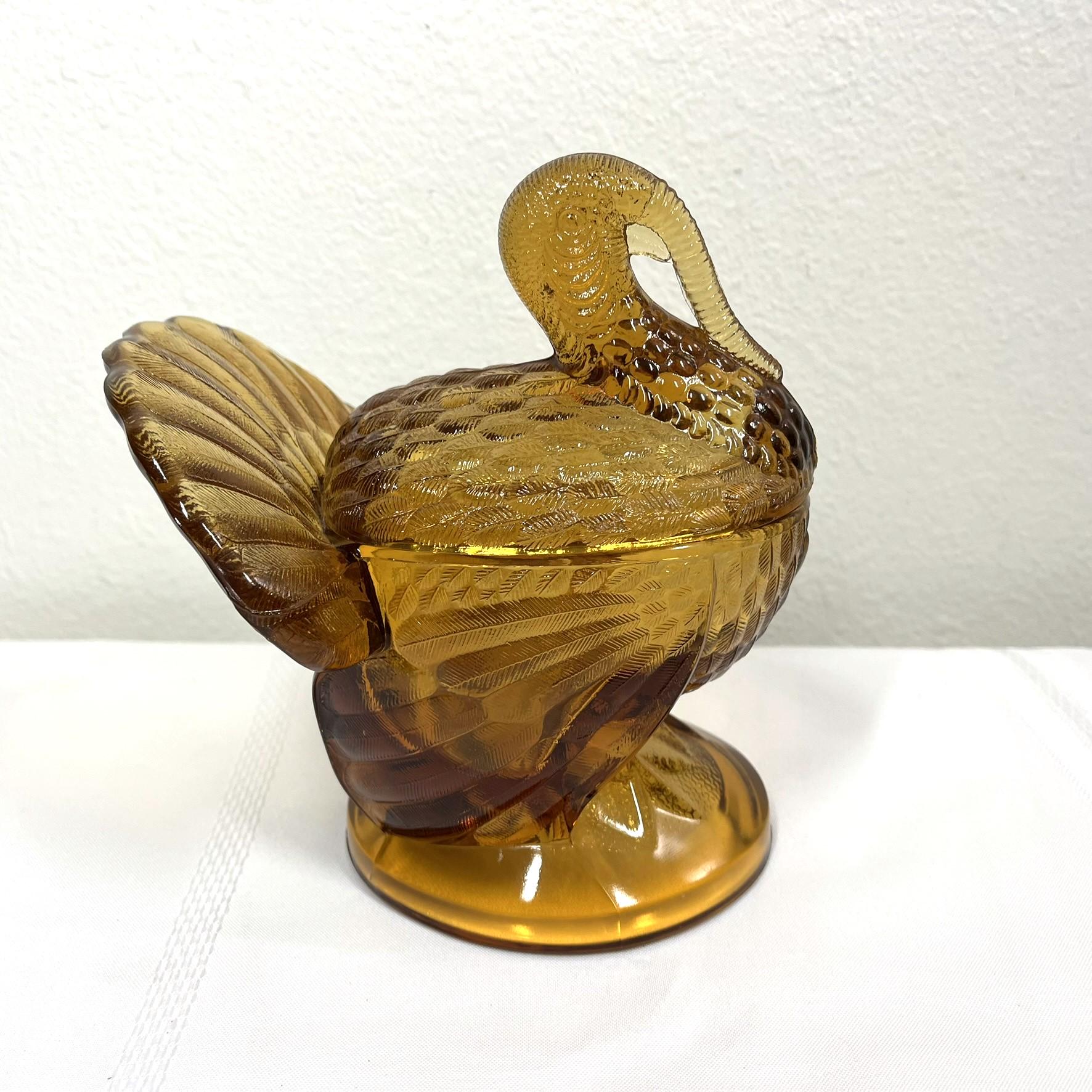 Vintage LE Smith Glass Turkey Candy Dish Amber Brown Thanksgiving Decor