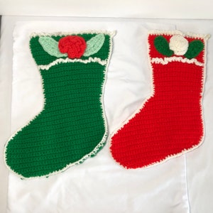 Vintage Hand Knit Crochet Christmas Stockings with Flowers Set of Two  1980s Decorations Decor