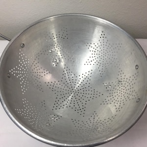 Vintage Colander Strainer Silver Aluminum with Star Pattern Three Feet