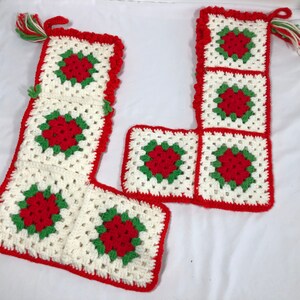 Vintage Granny Square Christmas Stockings Set of Two Crochet 1980s Decorations
