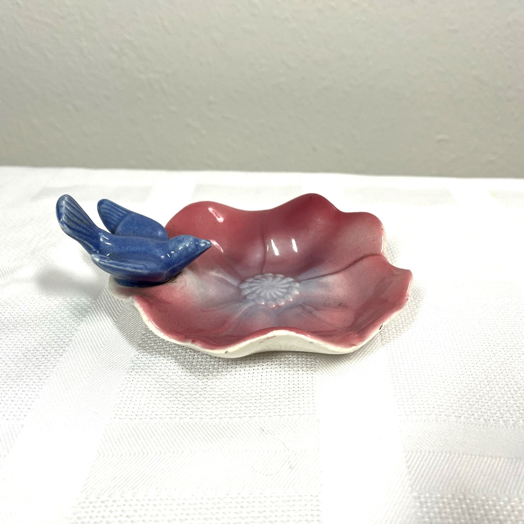 Vintage Royal Copley Blue Bird Trinket Dish Flower Bird Bath Ceramic