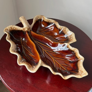 Vintage Hull Pottery Serving Dish Leaf Shaped Brown Drip Glaze