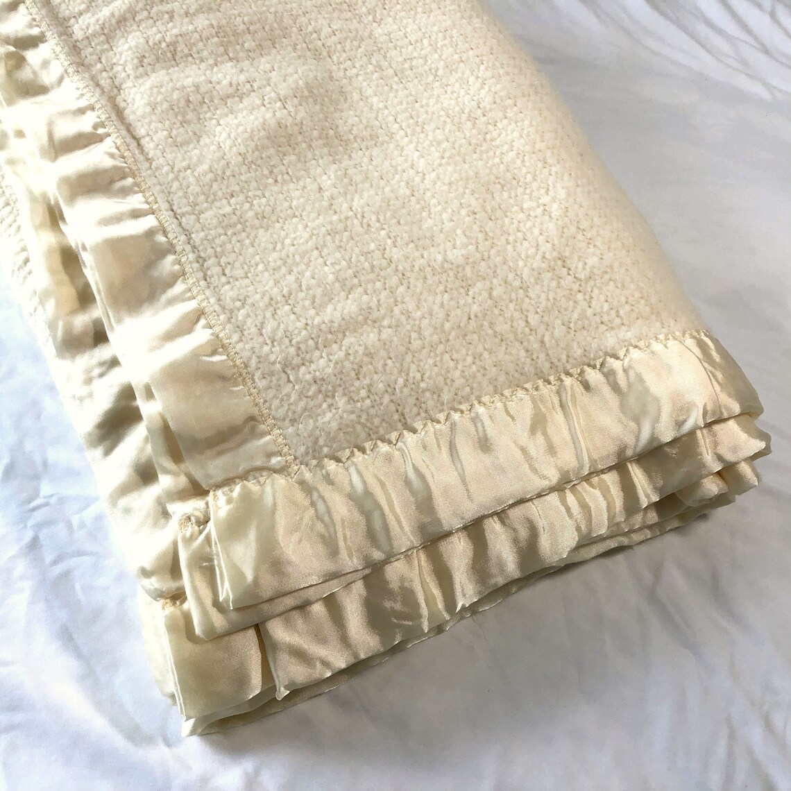 Old Fashioned Blankets With Satin Trim Uk Vintage Acrylic Soft Blanket with Satin Trim Cream Color | Etsy
