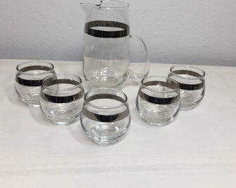 Vintage Silver Band Barware Pitcher and Five Cocktail Glasses