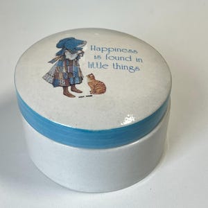 Vintage Holly Hobbie Trinket Box Ceramic Stoneware Small Blue Girl with Cat