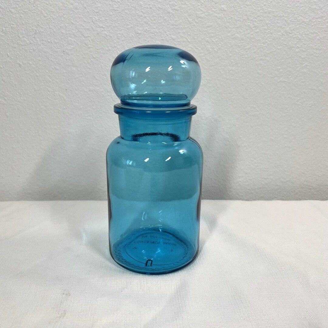 Vintage Blue Glass Jar Apothecary With Bubble Lid Made in Etsy