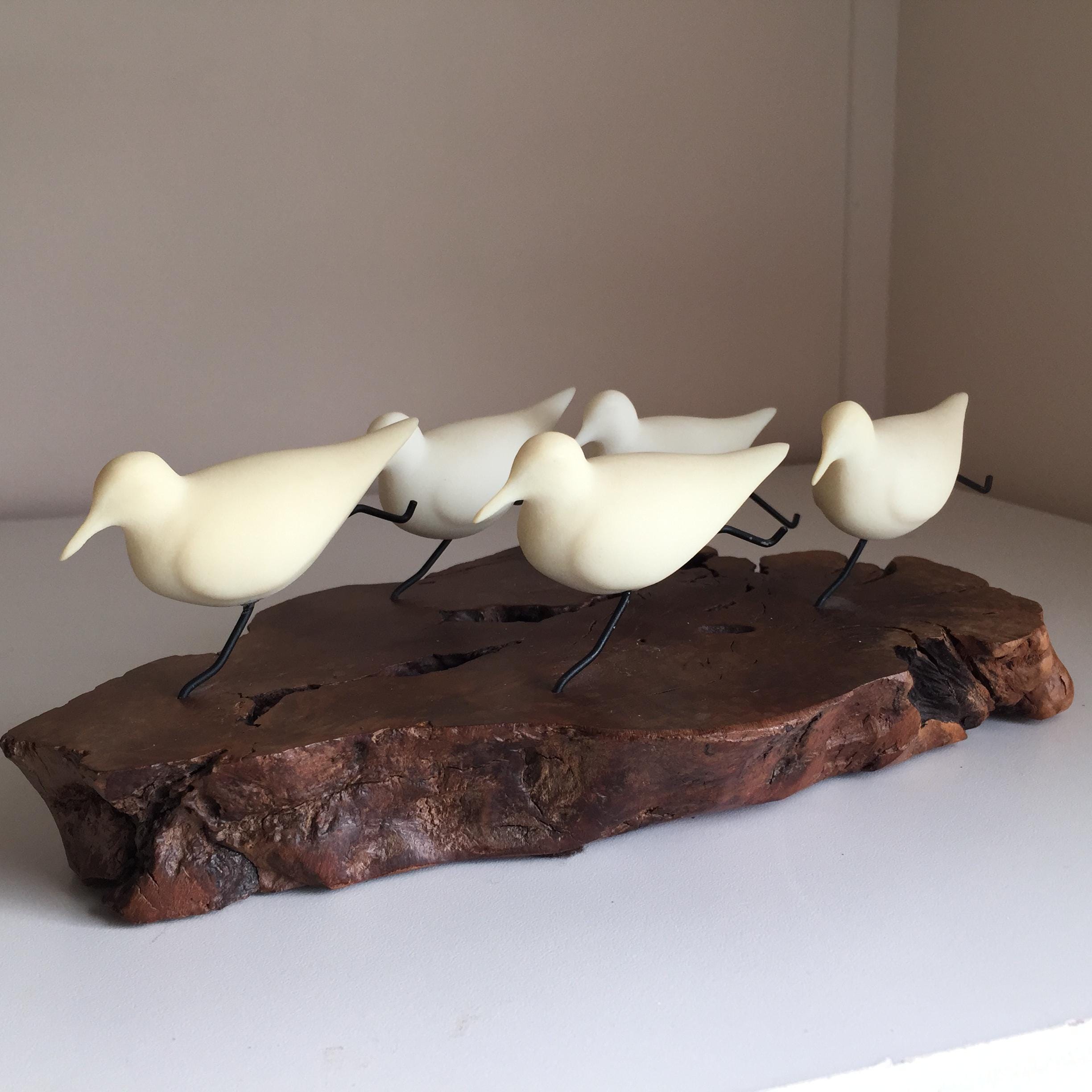 Vintage John Perry Sandpiper Sculpture Figurine on Burl Wood White Birds Seagulls