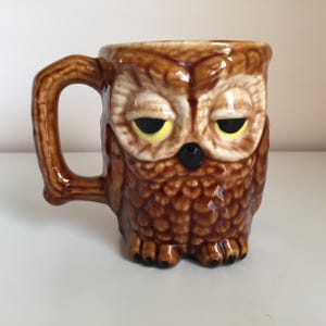 Vintage Ceramic Owl Mug Hand Painted Glazed Coffee Cup