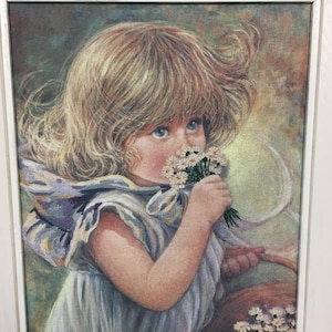 Vintage 1980s Crewel Canvas Art Framed Picture Susan&#39;s Daisies