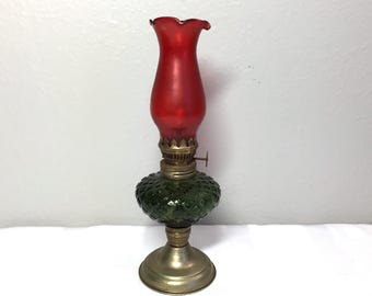 Vintage Small Miniature Oil Lamp Red & Green Glass