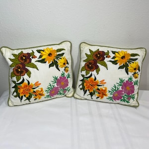 Vintage Embroidered Crewel Pillows Floral Set of Two