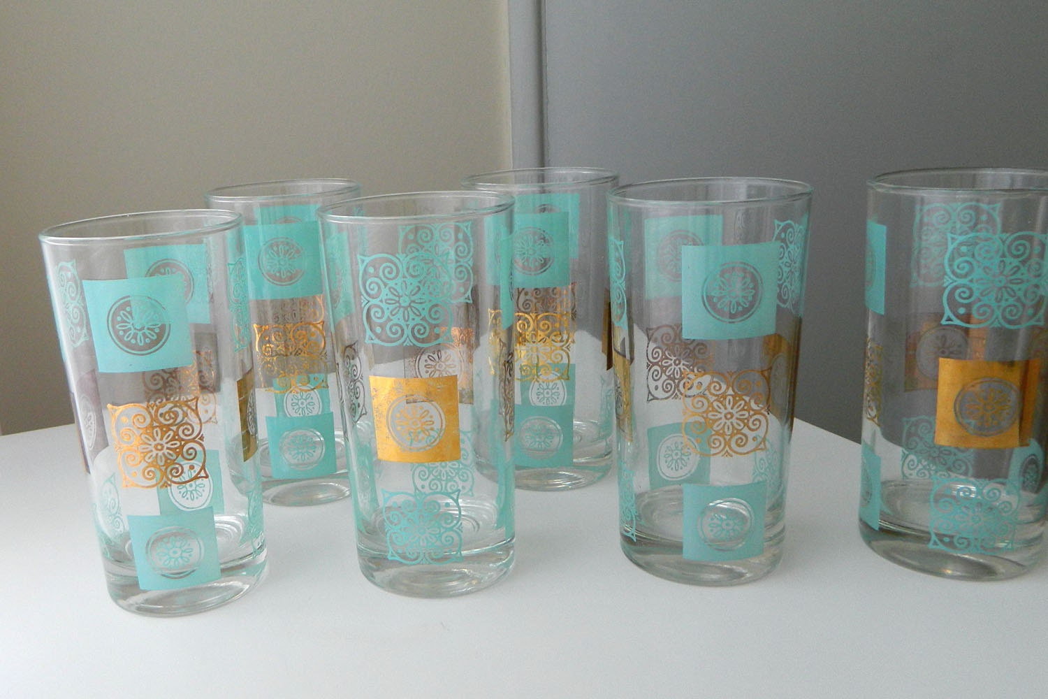 Retro Aqua and Gold Bar Glasses Etsy