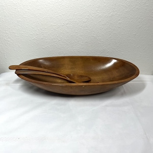 Vintage Wooden Salad Bowl with Wood Serving Fork & Spoon