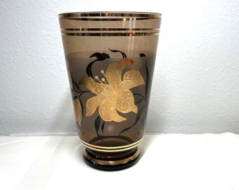 Vintage Murmac Bohemia Crystal Vase Czechoslovakia Smoke Glass Gold Flowers Black Leaves