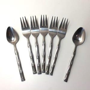 Vintage Flatware Stainless Korea Bamboo Set of Five Salad Forks & Two Teaspoons