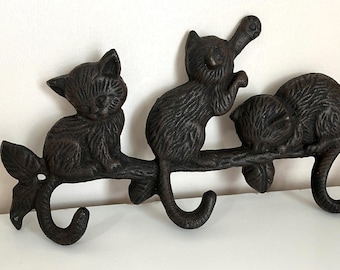 Vintage Cast Iron Cat Hook Rack for Hats Jackets or Keys Black Kittens
