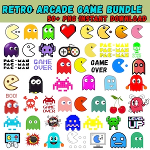 May include: A digital collection of over 50 retro arcade game graphics featuring pixelated characters, ghosts, cherries, game controllers, and text elements like "GAME OVER" and "LEVEL UP" in various colors including yellow, red, blue, and green.
