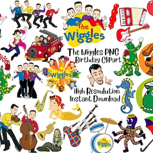 May include: A collection of colorful cartoon illustrations featuring The Wiggles characters, musical instruments, and other related imagery. Includes text that reads "The Wiggles PNG Birthday Clipart" and "High Resolution Instant Download".