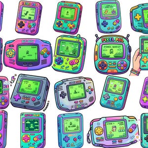 May include: A collection of colorful, retro-style handheld gaming consoles. Each device features a screen displaying pixelated game graphics, with various button layouts and designs. The consoles are in shades of pink, green, blue, and purple, with text like "Retro Boy" and "Pixel Run".