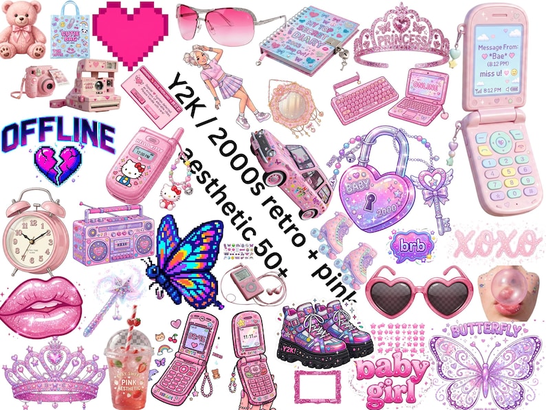 Y2K Clipart Bundle PNG: Retro 2000s Pink Sublimation Designs (50 ...
