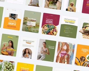 Mallar för näring på Instagram i Canva | Sociala medier-kit för välbefinnande | Redigerbara inlägg, berättelser och karuseller | Varumärkespaket för hälsocoacher