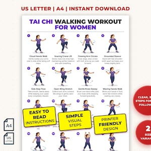 May include: A printable Tai Chi walking workout guide for women. The poster features illustrated steps with text instructions. The design includes the text "Easy to Read Instructions", "Simple Visual Steps", and "Printer Friendly Design". It is available in US Letter and A4 sizes.