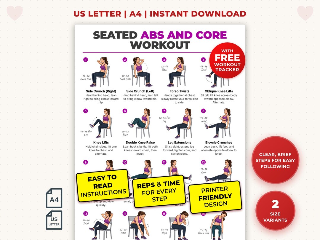 Printable Core Exercise Chart Seated Abs and Core Workout Printable, Chair Core Exercises Chart PDF ...