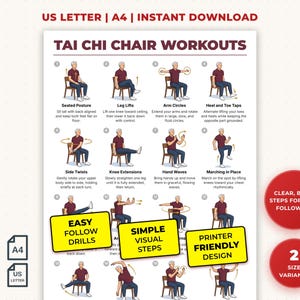 Op de afbeelding: Een witte, afdrukbare digitale download met de titel "Tai Chi Chair Workouts" met illustraties van oefeningen. De poster bevat tekst zoals "Easy Follow Drills", "Simple Visual Steps" en "Printer Friendly Design".