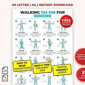 Puede incluir: Un póster titulado "Walking Tai Chi para personas mayores" con pasos de ejercicios ilustrados. El póster incluye texto como "Instrucciones fáciles de leer" y "Diseño apto para impresión". Disponible en tamaños A4 y US Letter.