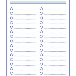 May include: A rectangular white task list with rounded corners and a blue border. The header reads TODAY'S WORKFLOW in blue text above a horizontal line. It features two columns of fifteen circular checkboxes followed by dotted lines for writing.