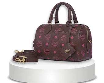 MCM Mini Boston Bag Braun Leder Visetos Satchel Chic Designer Crossbody Geldbörse