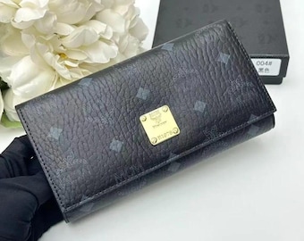 MCM Visetos Leder Lange Brieftasche, Designer Monogramm Geldbörse (Cognac & Schwarz)
