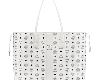 MCM Weiße Visetos Monogramm Leder Tragetasche, Große Shopper Handtasche