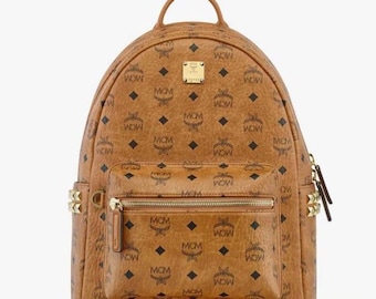 MCM Cognac Visetos Rucksack Mini Leder Designer Bag Braun Nieten Logo Reißverschlusstasche