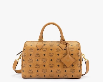MCM authentische Cognac Visetos Boston Tasche, Designer Monogramm Tasche, braune Lederhandtasche
