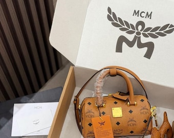 MCM Cognac Mini Boston Bag, Designer Visetos Crossbody Geldbörse