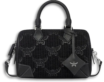 MCM Schwarze Monogramm Boston Tasche, Lederbesatz Crossbody Schulter Geldbörse