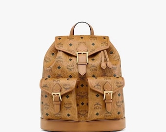 MCM Visetos Rucksack Cognac, Designer Monogramm Leder Rucksack, Luxus Reise Schultasche mit Taschen